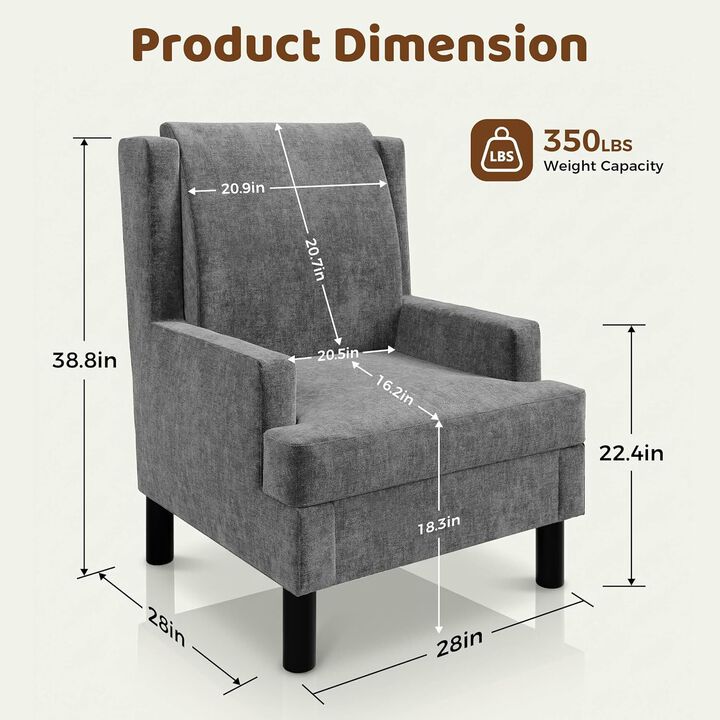 Upholstered Wingback Accent Chair, Modern Reading Armchair for Living Room, Bedroom, Grey