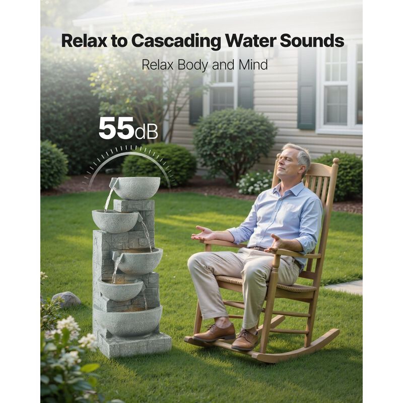 5-Tier Outdoor Water Fountain with LED Light, Cascading Bowl Design for Garden Patio image number 5