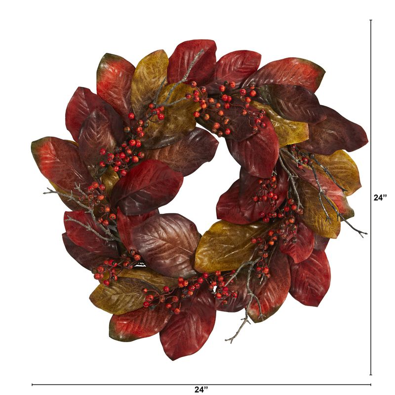 HomPlanti 24" Harvest Magnolia Leaf and Berries Artificial Wreath