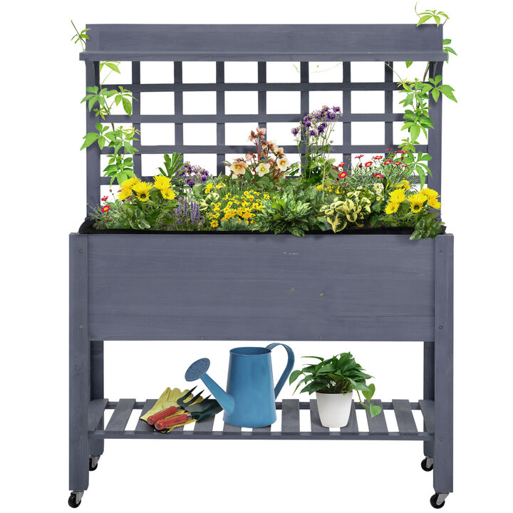 Outsunny 41" Raised Garden Bed with Trellis on Wheels, Wooden Elevated Planter Box with Legs and Bed Liner, for Flowers, Herbs & Vegetables, Gray