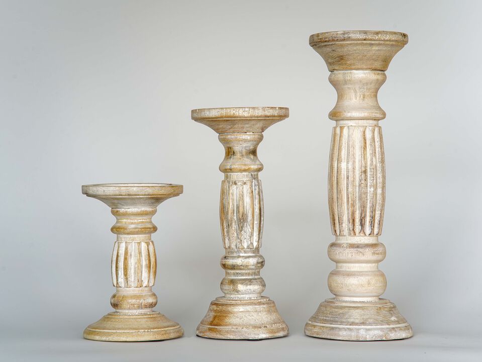 Traditional Antique White Eco-friendly Handmade Mango Wood Set Of Three 6",9" & 12" Pillar Candle Holder
