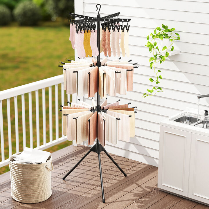 3-Tier Folding Clothes Drying Rack with Tripod Base and 24 Clips for Indoor Use