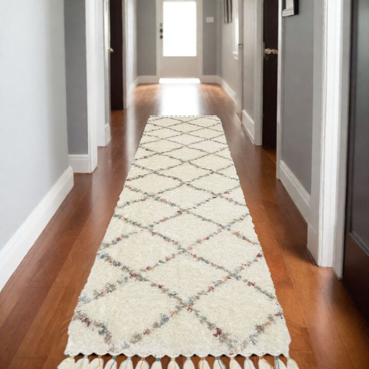 HomeRoots Diamond Shag Runner Rug With Fringe