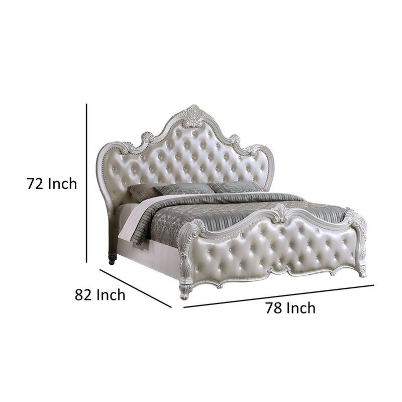 Venta Queen Size Bed, Pearl White Button Tufted Faux Leather Upholstery - Benzara