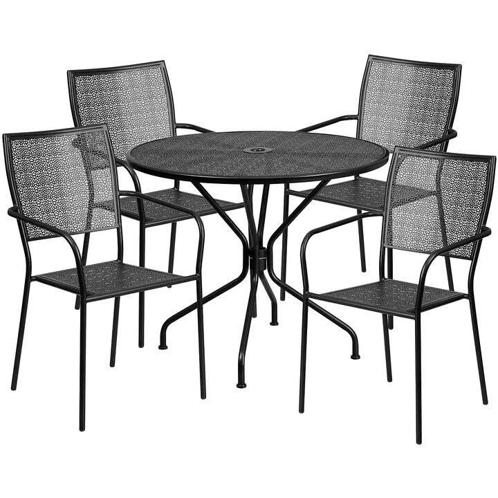 Flash Furniture Oia Commercial Grade 35.25" Round Black Indoor-Outdoor Steel Patio Table Set with 4 Square Back Chairs
