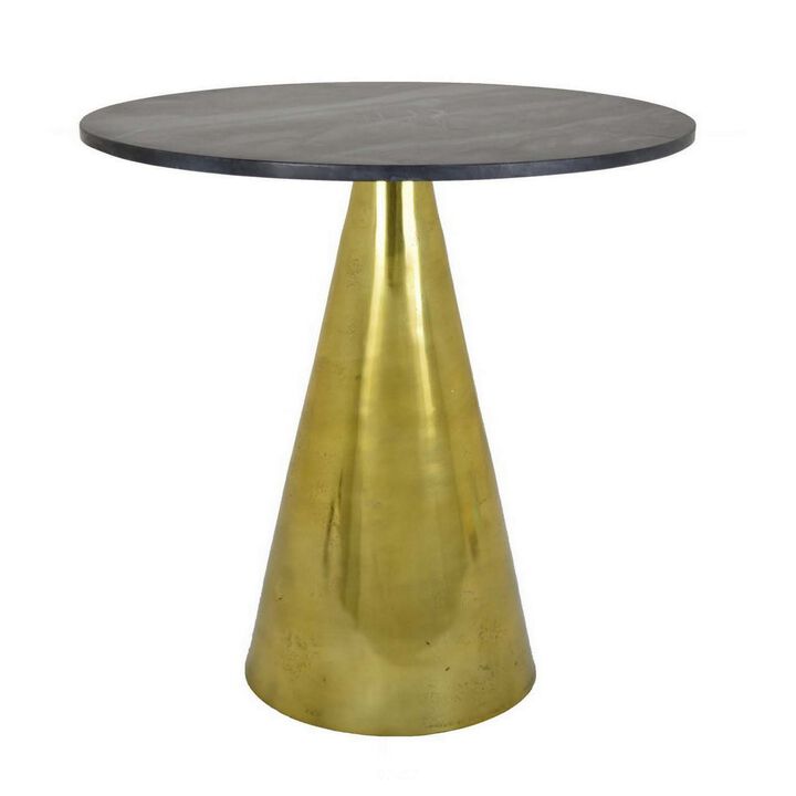 Tilu 24 Inch Plant Stand Side Table, Black Round Marble Top, Gold Metal - Benzara