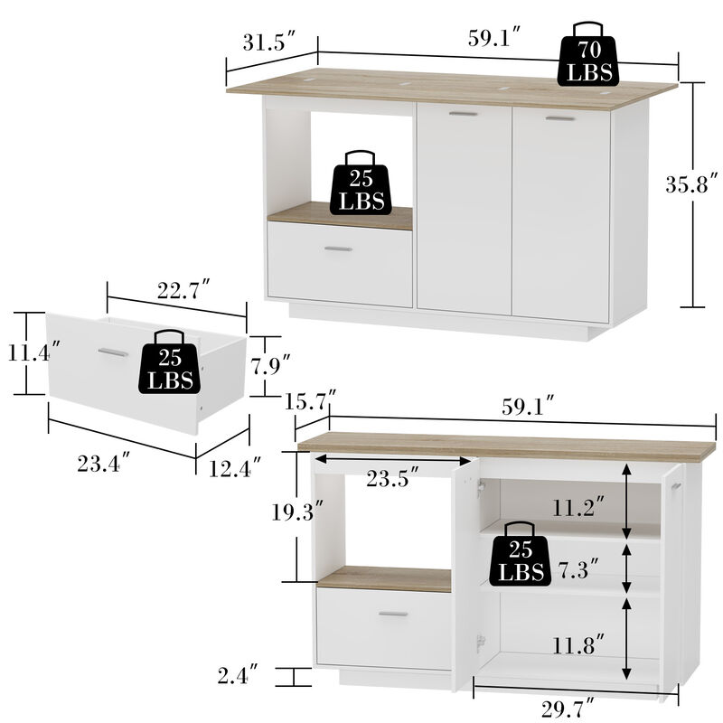 White/Oak Wood 59.1 in. W Kitchen Island Dining Table With Adjustable Shelves and Drawer