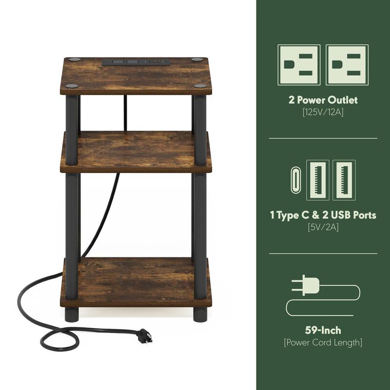 Just 3-Tier Turn-N-Tube USB and Type-C Charging Port End Table, Amber Pine/Black