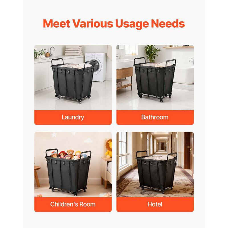 Rolling Utility Shopping Cart with Waterproof Liner, Heavy Duty Basket for Laundry & Storage-Black image number 3