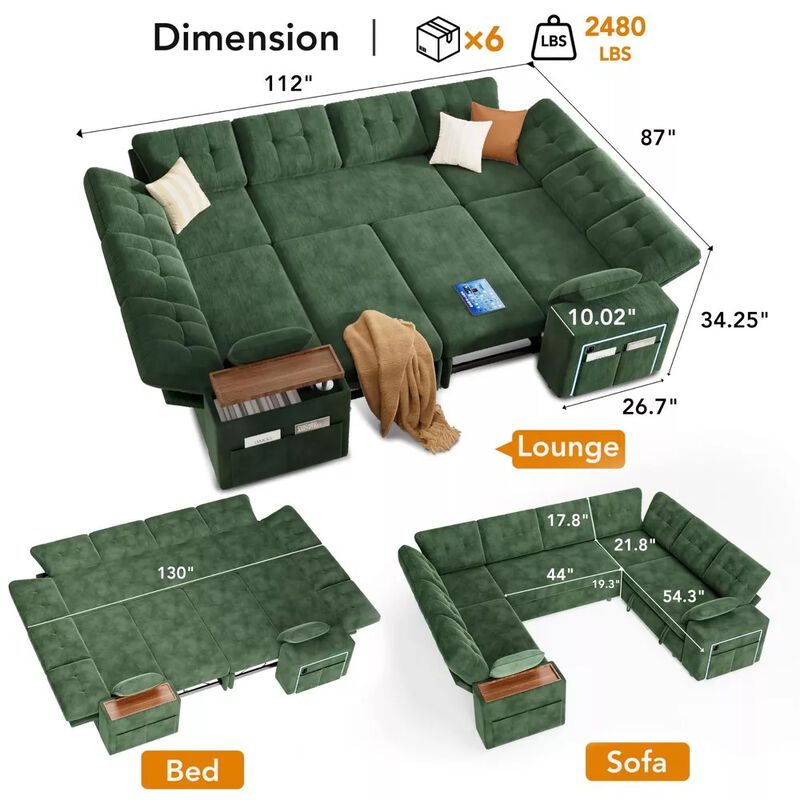Vipbear 112" U-Shaped 8-Seat Modular Chenille Sectional Sleeper Sofa, Pull Out Bed Reclining Couch image number 1