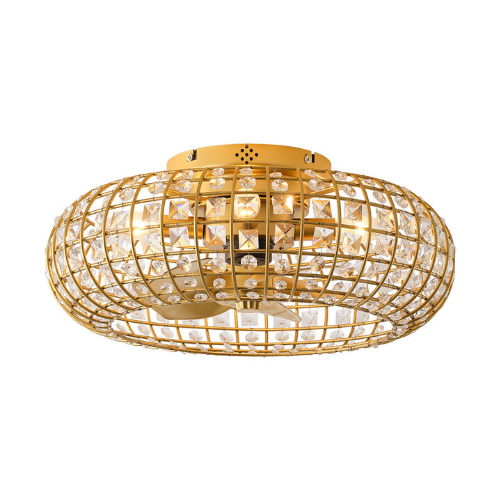 19.7" Modern Gold Crystal Reversible Caged Ceiling Fan with Light and Remote