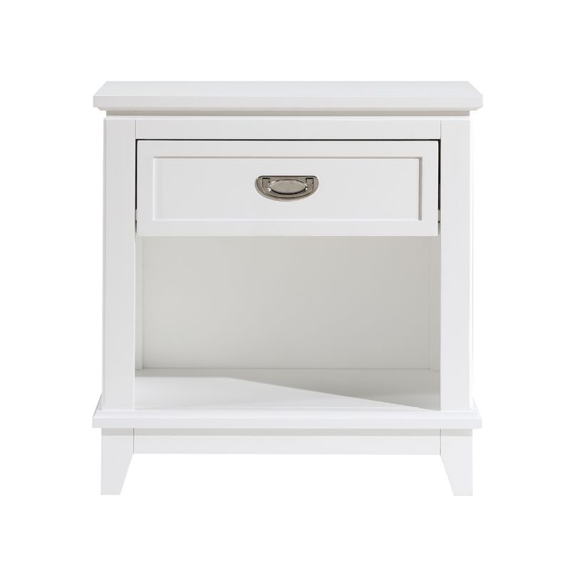 Sely Nightstand, 1 Drawer w Open Cubby, White Wood, Ring Handle image number 2