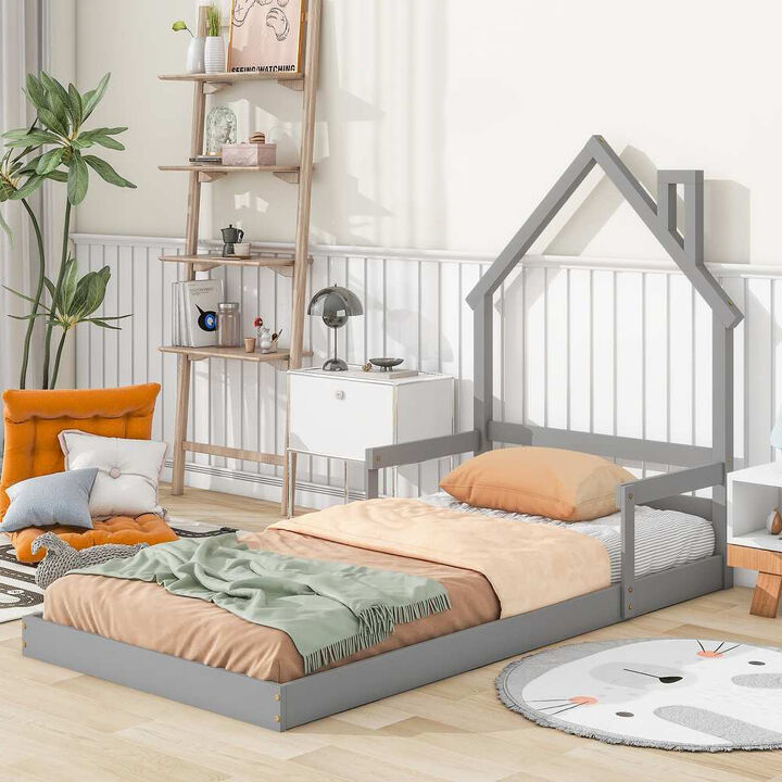 Floor Bed with Chimney and Headboard and Handrail