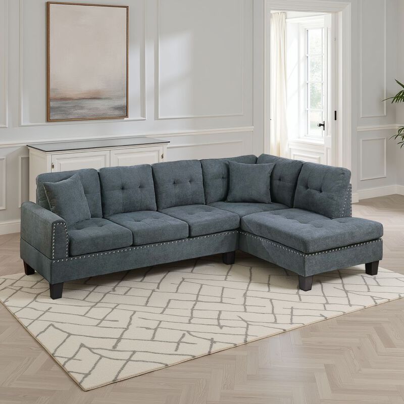 Dema 2pc Sectional Sofa Set, Chaise, 2 Pillows, Textured Black Velvet