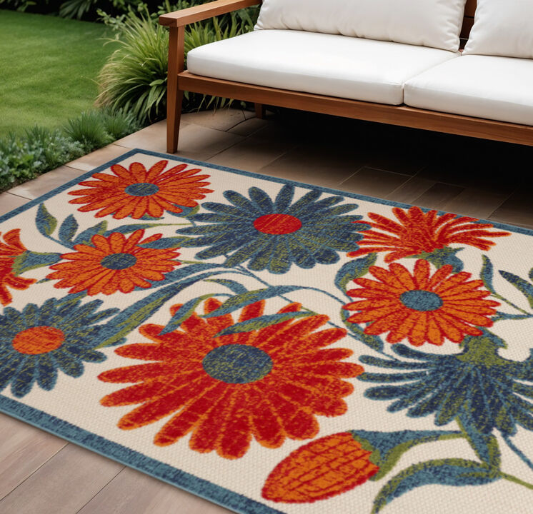 HomeRoots 6' X 9' Ivory Blue Orange And Green Floral Indoor Outdoor Area Rug