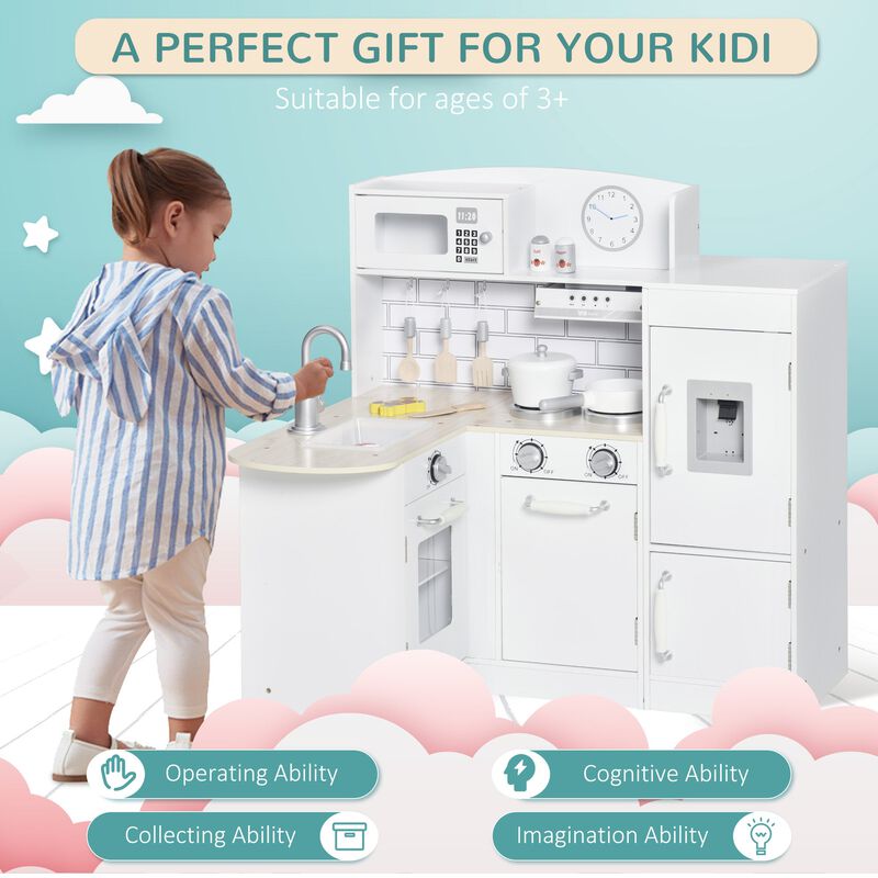 Kids Play Kitchen Set Pretend Wooden Cooking Toy Set with Drinking Fountain, Microwave, Fridge and Accessories for Age 3 Years, White