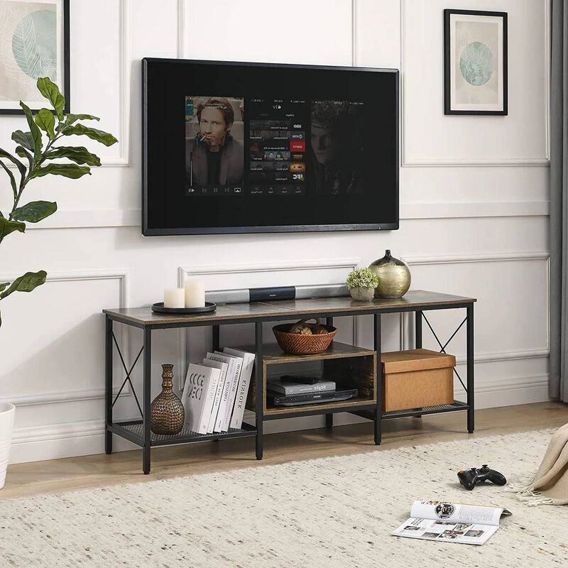 Metal and Wood Media Console Table with Open Storage Shelves