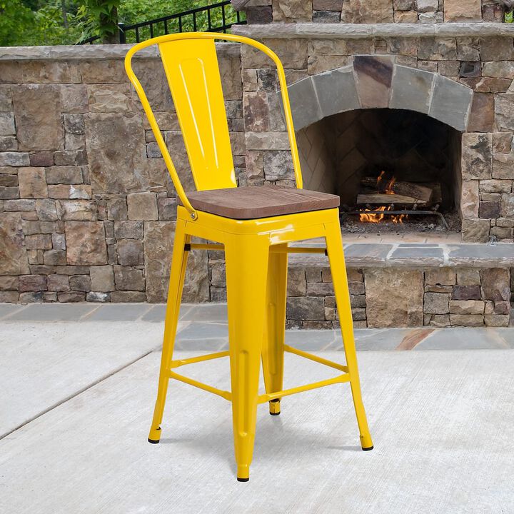 Flash Furniture Lily 24" High Yellow Metal Counter Height Stool with Back and Wood Seat
