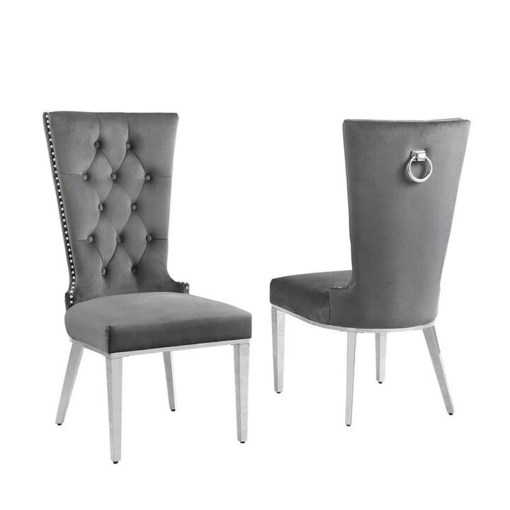 Dark Gray velvet side chair with silver stainless steel base - Set of 2