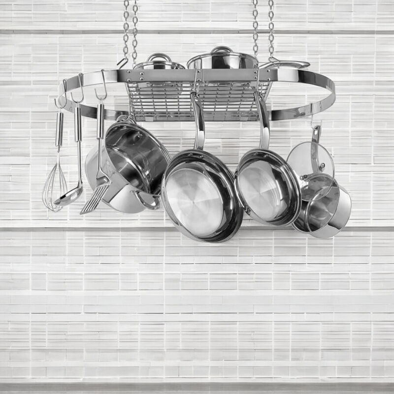 Sleek Stainless Steel Oval Ceiling Hanging Pot Rack for Kitchen Storage image number 3