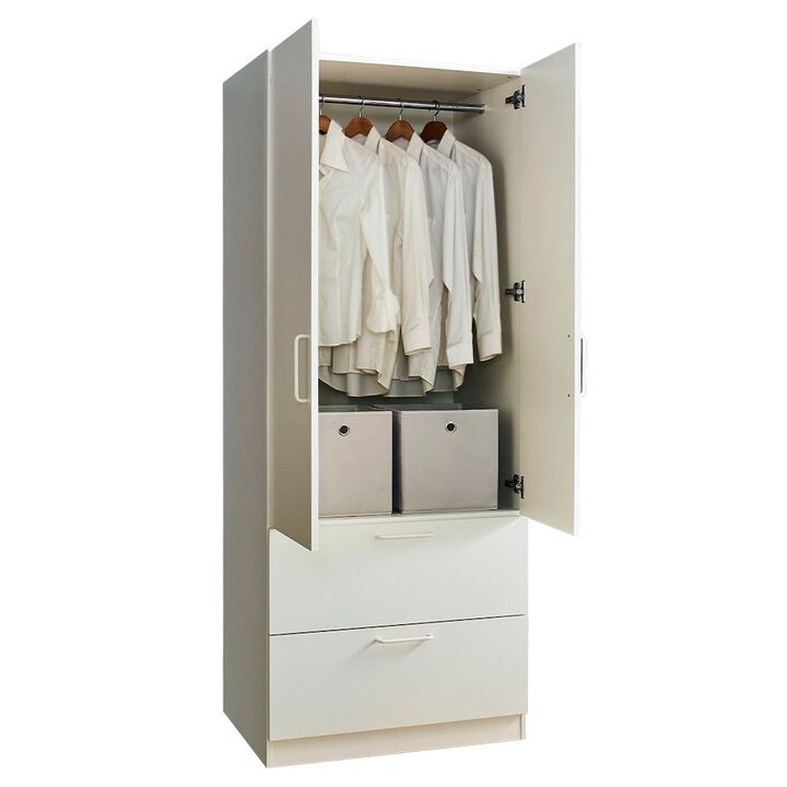 FC Design Klair Living Two-Door Wood Closet with Two Drawers and Hanging Bars in White