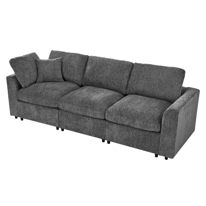 Chenille 3 seater sofa, U style deep seat couch with throw pillow, Contemporary living room sofa with solid wood frame image number 5