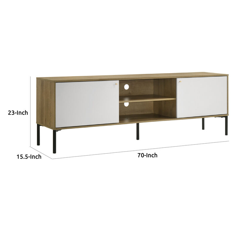 Brick TV Stand Cabinet with 2 Doors, Black Metal, White, Oak Brown - Benzara