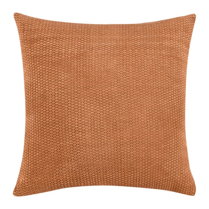 Sino Throw Pillow, Woven Basket Design, 18 Inch Brown Suede Leather - Benzara