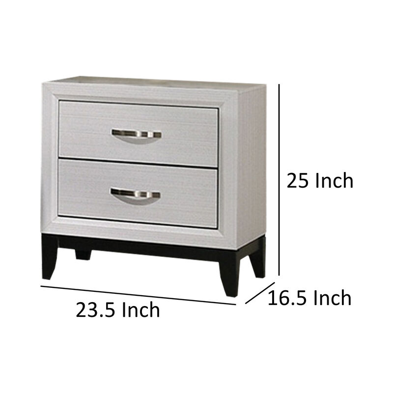 Erica Nightstand, 2 Drawers, White Wood Finished Frame, Metal Handles - Benzara