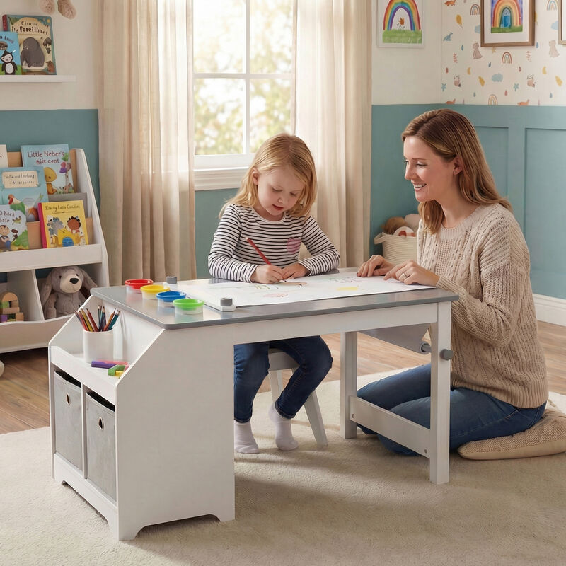 Toddler Activity Art Table with Stool, Paper Roll & 4 Paint Cups &ndash; Grey image number 1