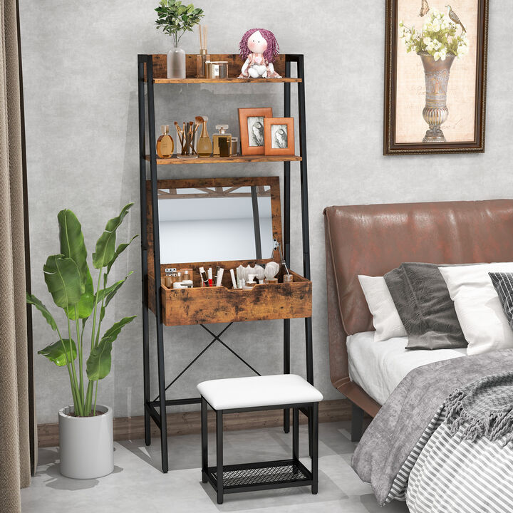 Ladder Vanity Desk Set with Flip Top Mirror and Cushioned Stool