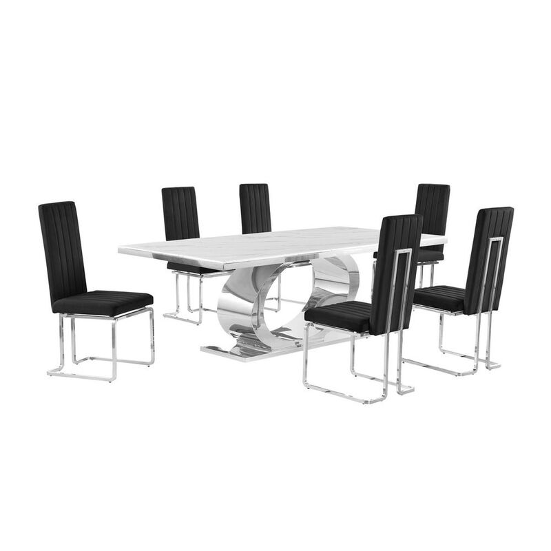 Best Quality Furniture 7pc Large(87) marble top dining set with silver base and 6 Black side chairs