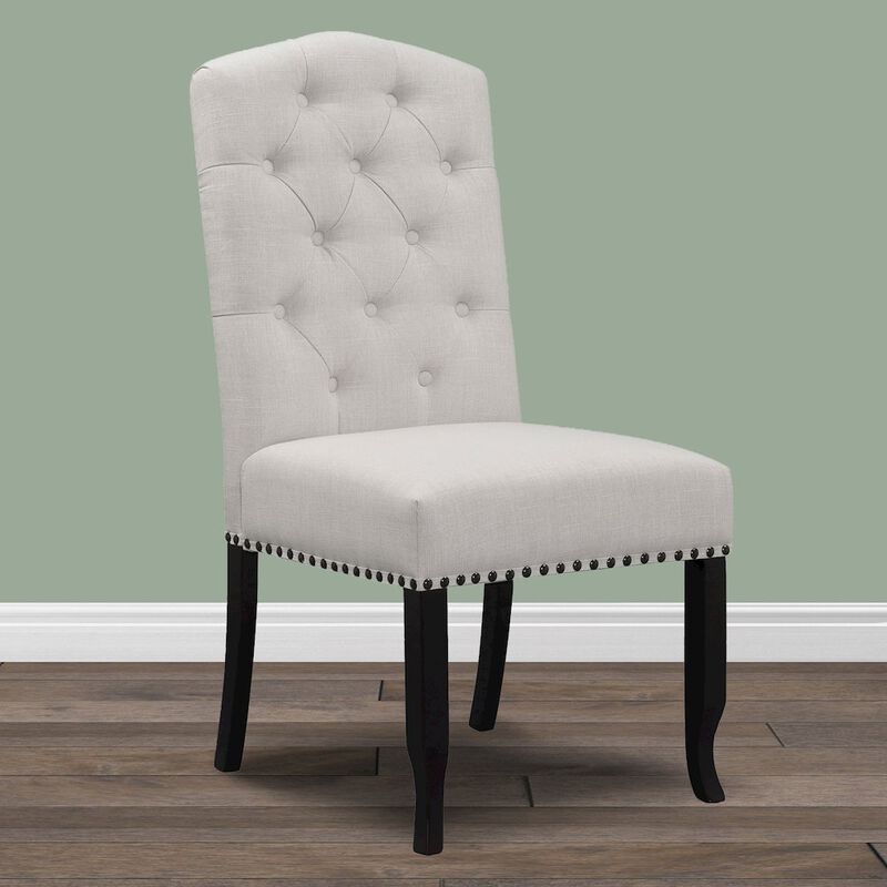 Glamour Home Set of 2 Beige Fabric Dining Chair Tufted Buttons and Nail Head Accent