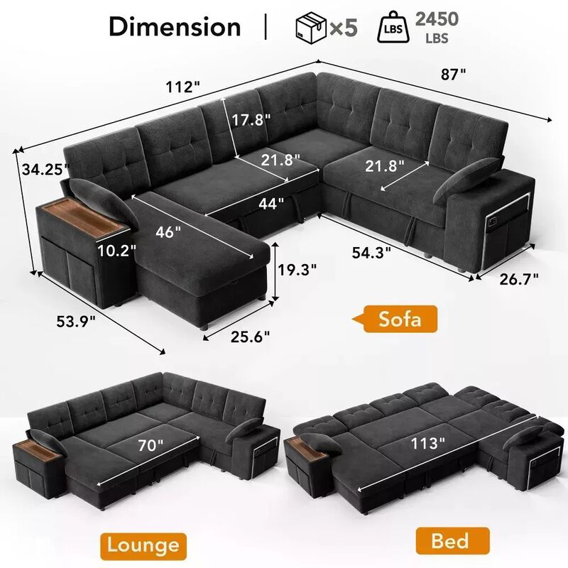 Vipbear 112" U-Shaped 7-Seat Modular Chenille Sectional Sleeper Sofa, Pull Out Bed Reclining Couch image number 1