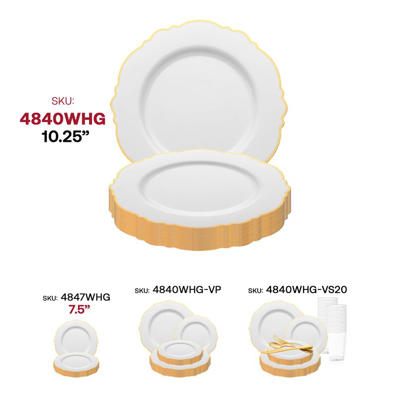10.25" White with Gold Rim Round Blossom Plastic Dinner Plates (120 Plates) image number 5