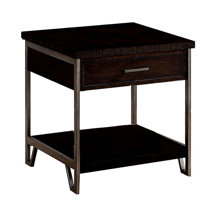 1 Drawer Wooden End Table with Metal Frame, Brown-Benzara