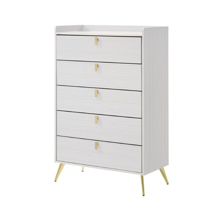 Cos 50 Inch Wood Tall Dresser Chest, 5 Drawers, Metal Handles, White, Gold-Benzara