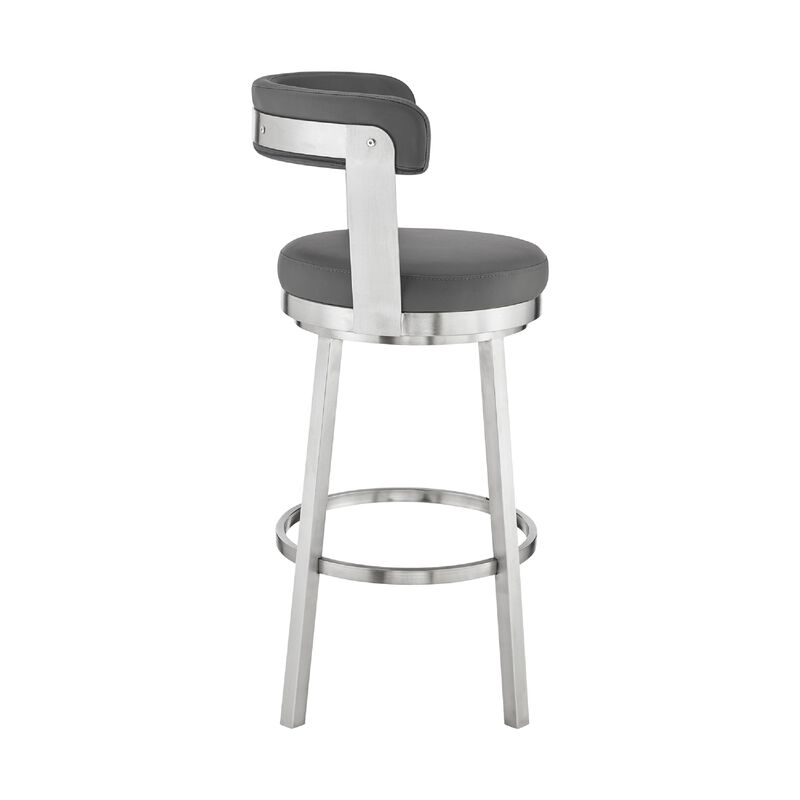 Swivel Barstool with Curved Open Back and Metal Legs, Gray and Silver-Benzara