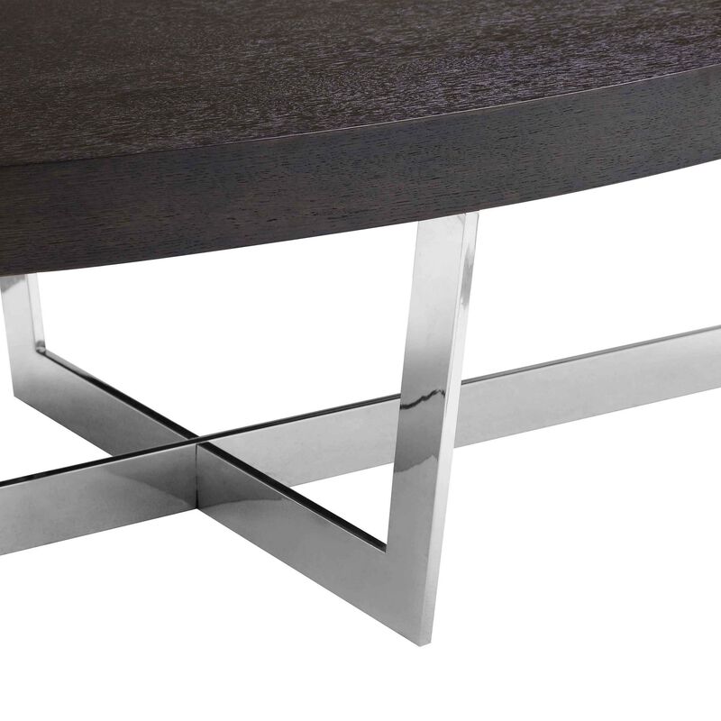 Tini 55 Inch Coffee Table, Oval Top, Chrome Frame, Espresso Brown Finish