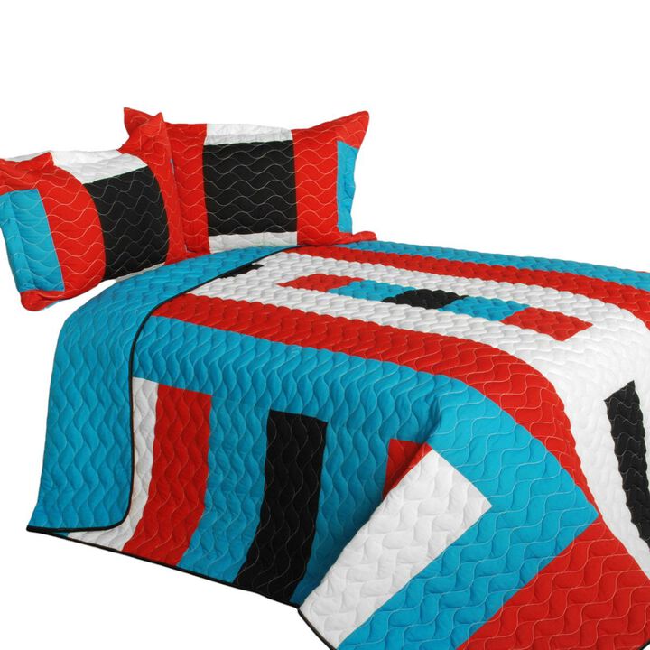 3 Piece Queen Size Patchwork Quilt Set with Quilted Stitching and Decorative Prints-Red