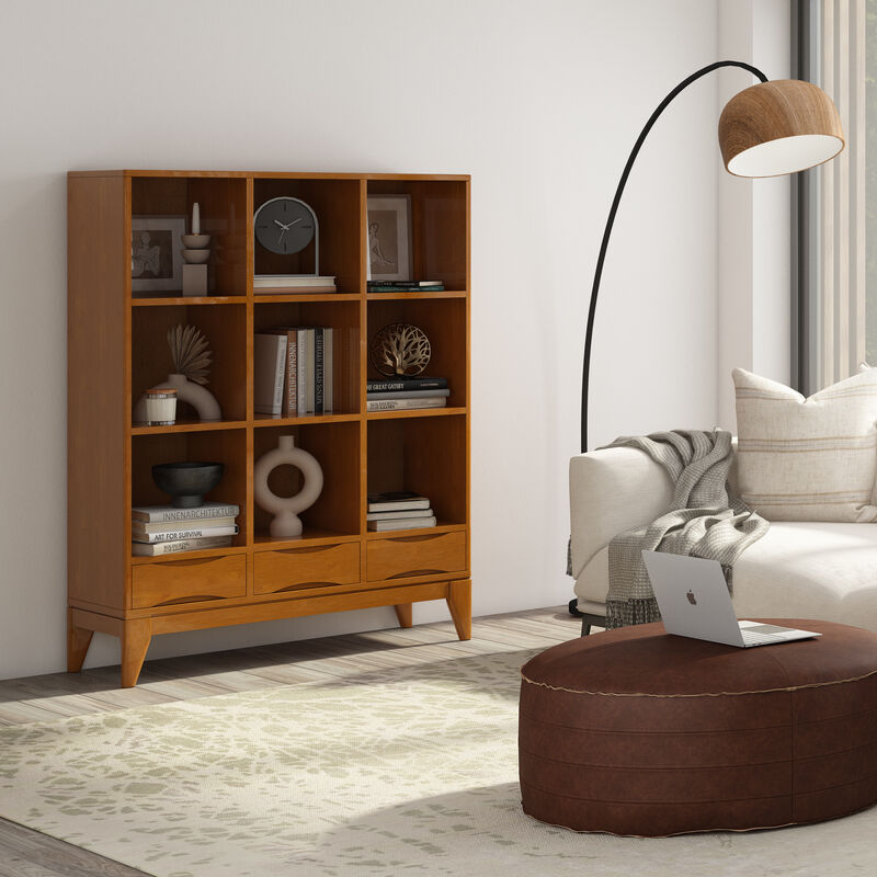 Harper SOLID HARDWOOD 58 inch x 42 inch Mid Century Modern Cube Storage Bookcase with Drawers in Teak Brown