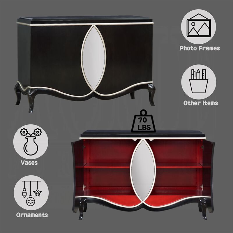 2 Door Cabinet Console, Mirror Trim Inlay, Scalloped Base, Black 50 Inch image number 6