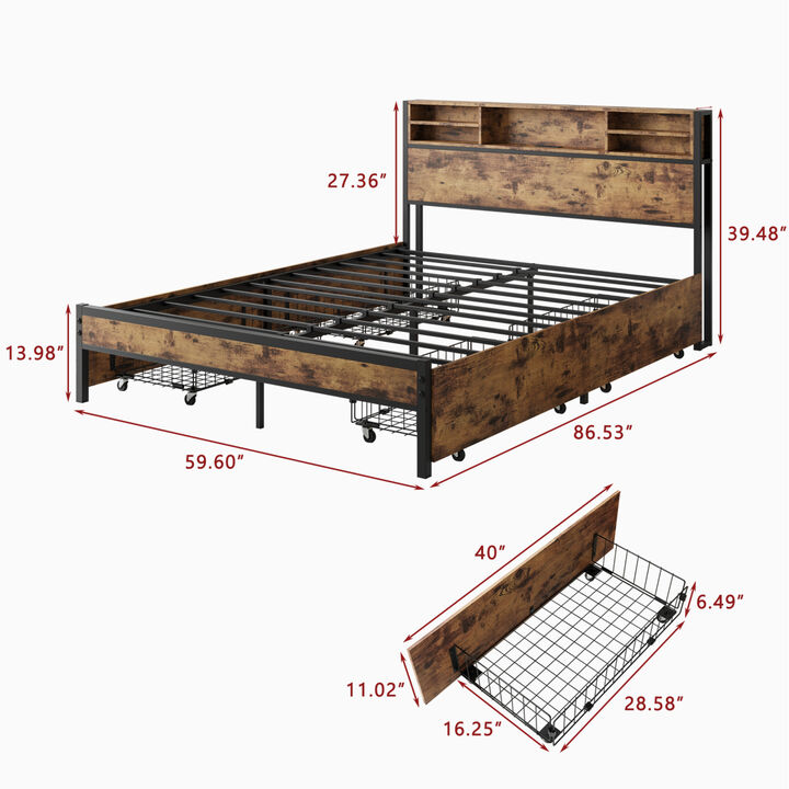 Queen Bed Frame with Storage Headboard and 4 Drawers