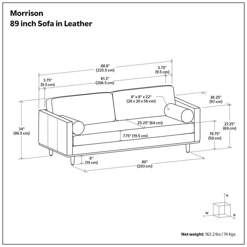 Morrison 89 inch Wide Mid-Century Modern Sofa in Caramel Brown Top Grain Genuine Leather