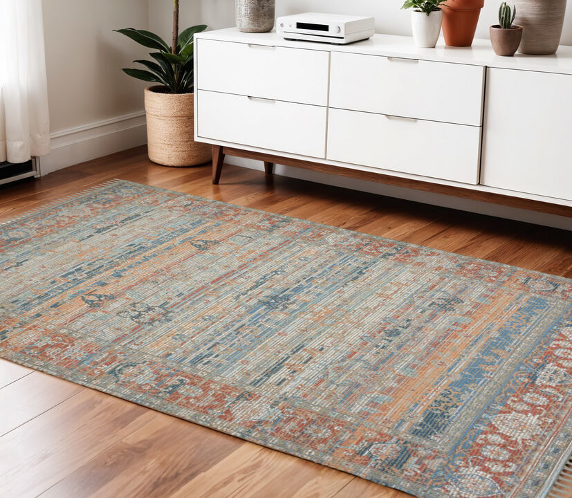 HomeRoots 4' X 6' Blue Brick Red And Ivory Oriental Hand Woven Area Rug With Fringe