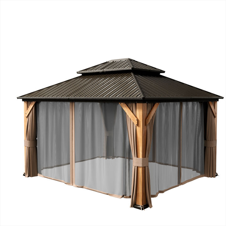 Mondawe 12 ft. x 14 ft. Brown Cedar Wood Frame Hardtop Gazebo with Galvanized Steel Double Roof, Curtains and Netting