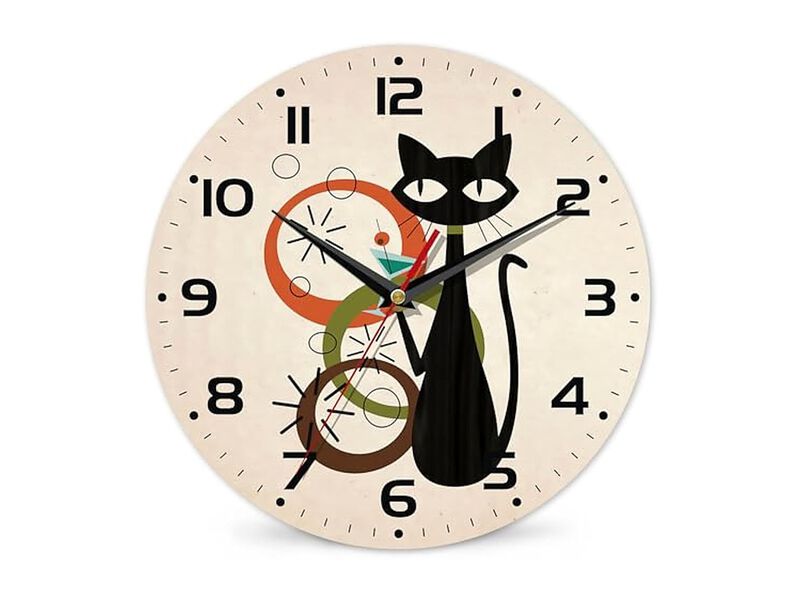 Black Cat Wooden Hanging Wall Clock 10 Inch Silent Non Ticking Wood Home Decor image number 0