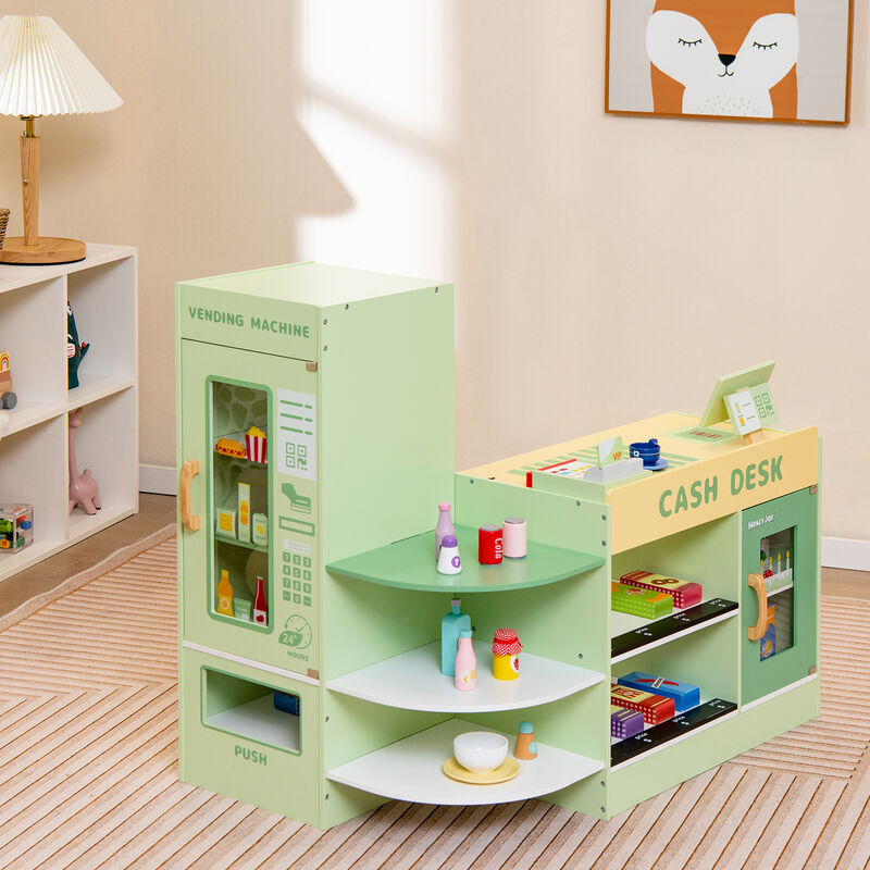 Kids Wooden Supermarket Playset with Checkout Counter &ndash; Fun Green Design image number 1