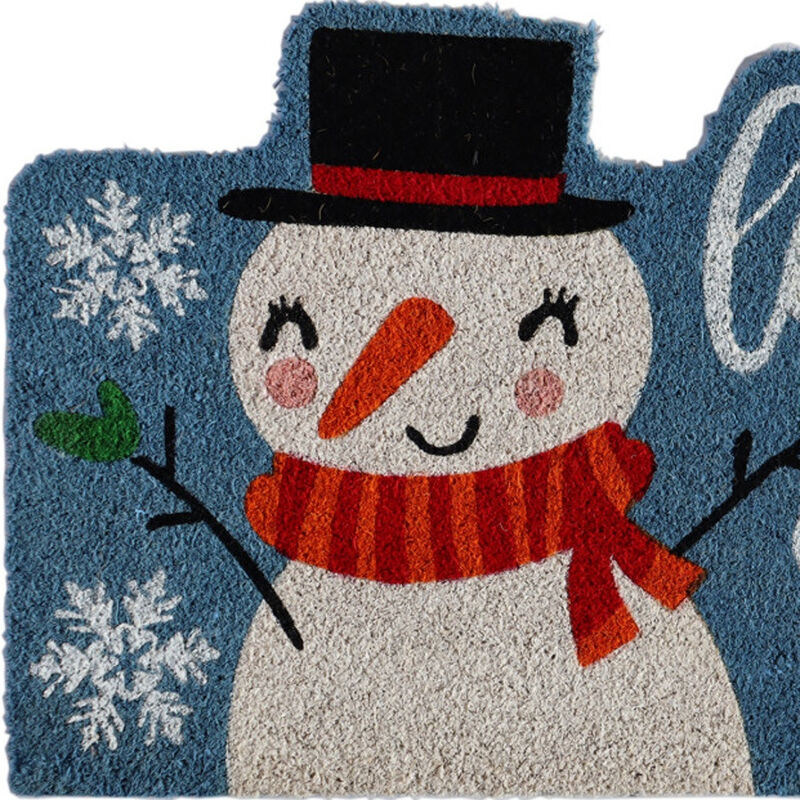 HomeRoots 18" X 30" Blue and White Coir Snowman Outdoor Winter Door Mat image number 2