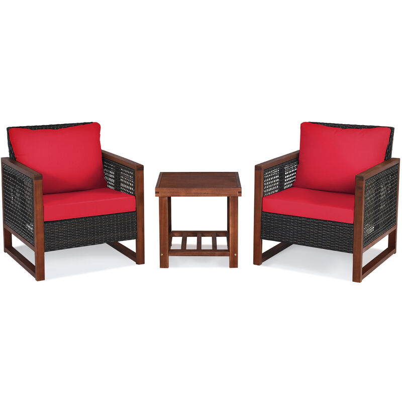 3 Pieces Patio Wicker Furniture Set with Washable Cushion and Acacia Wood Coffee Table image number 0